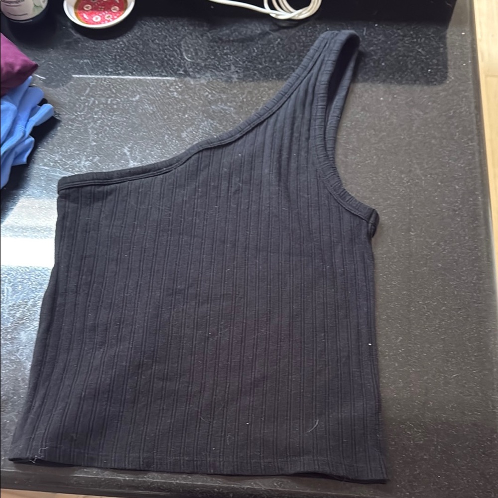 American Eagle Black Ribbed One-Shoulder Top
